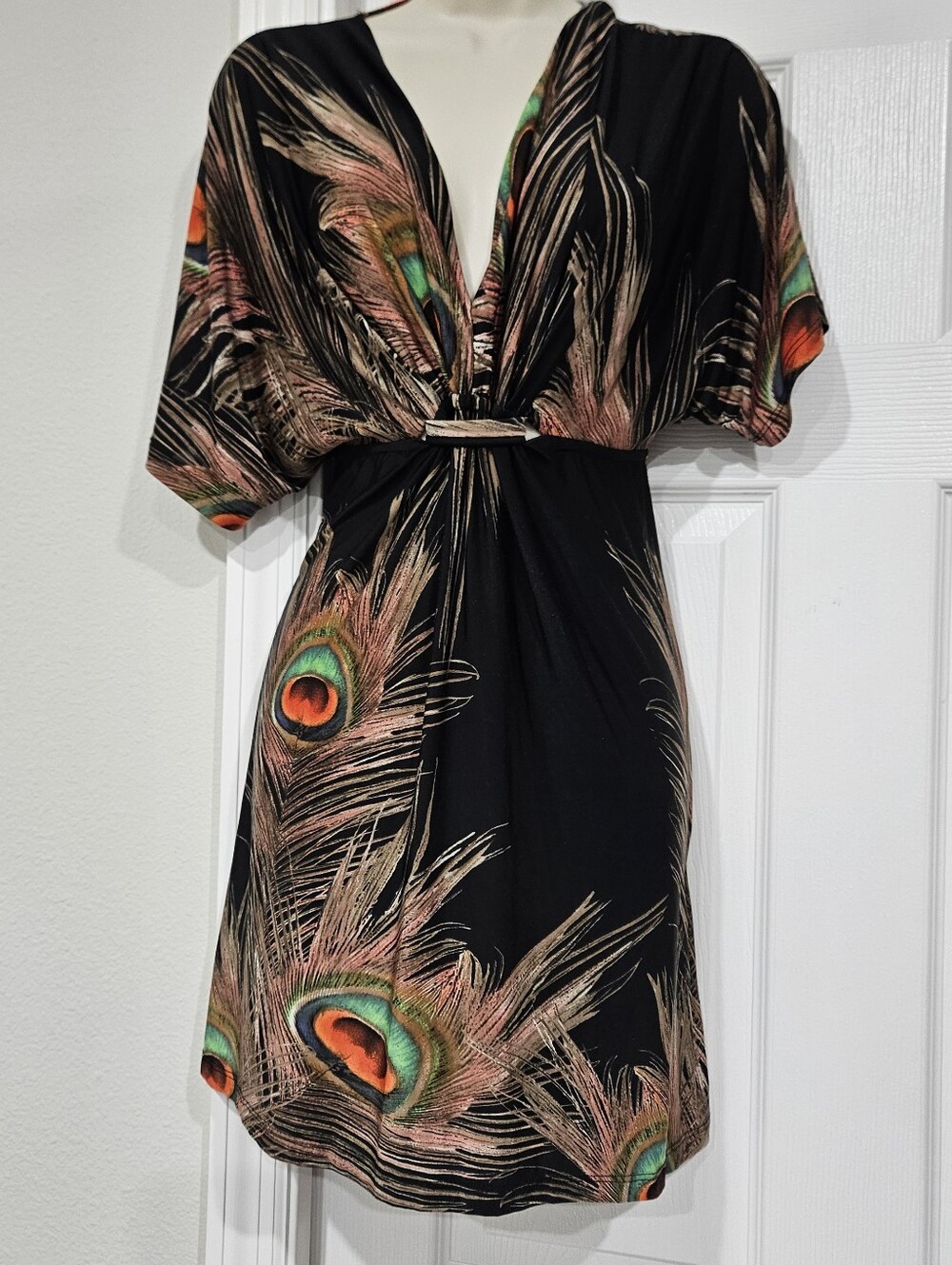 3sixteen Black Mini Dress with Peacock-Print Accents